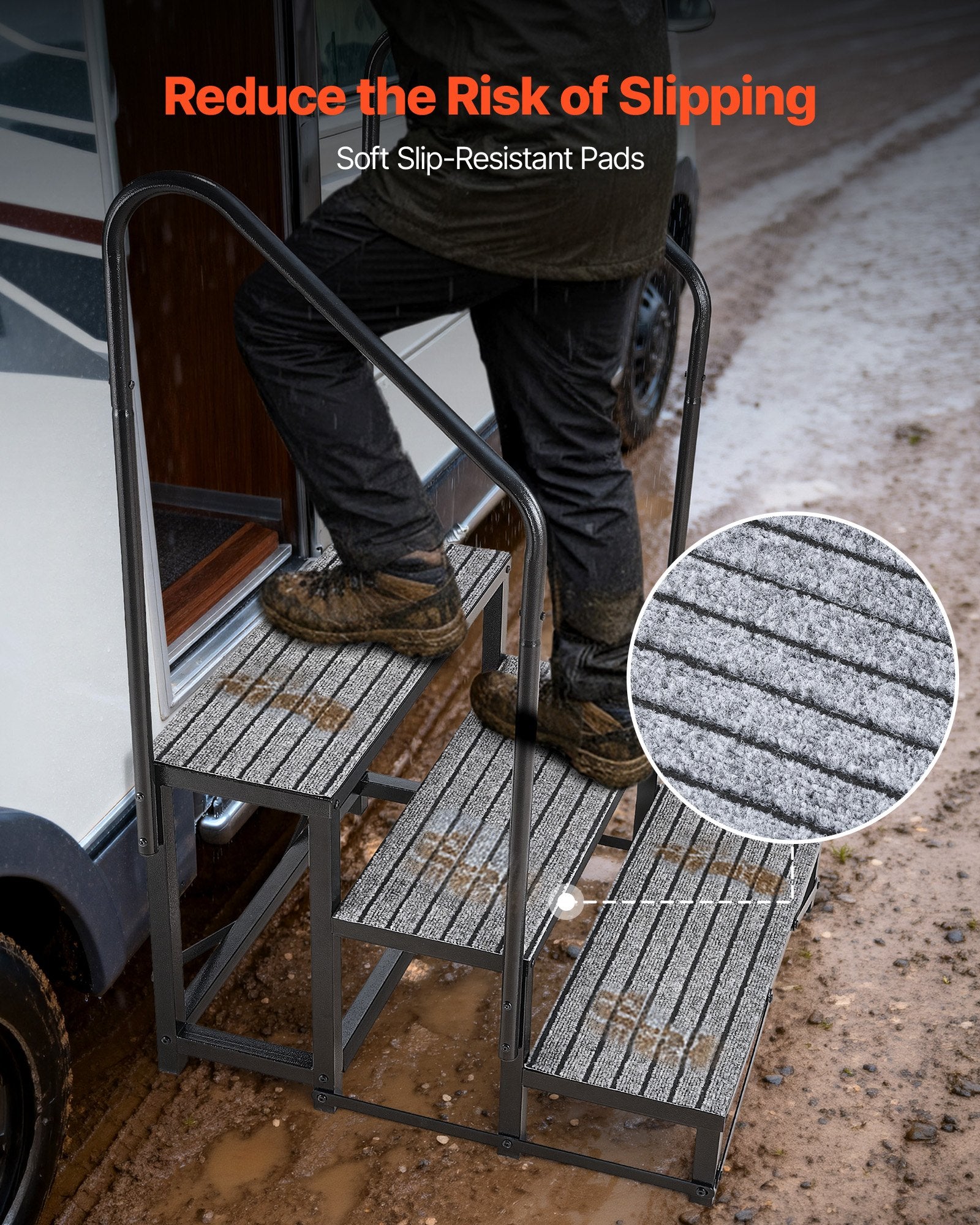 Heavy Duty 3-Step RV Stairs with Dual Handrails, Non-Slip Mat, 660 lbs Load, Ideal for Elderly, Pets, Hot Tub, Camper, Porch, Pool Use