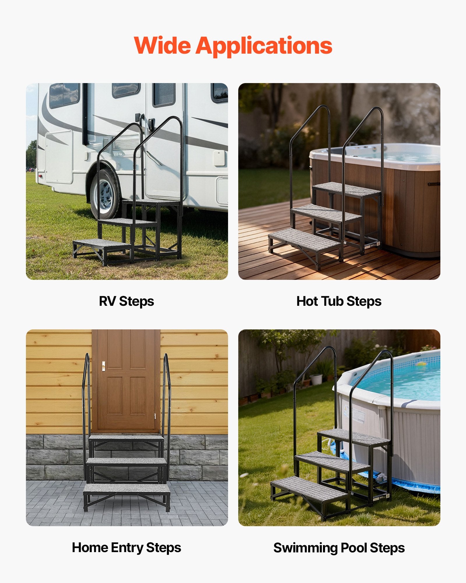 Heavy Duty 3-Step RV Stairs with Dual Handrails, Non-Slip Mat, 660 lbs Load, Ideal for Elderly, Pets, Hot Tub, Camper, Porch, Pool Use