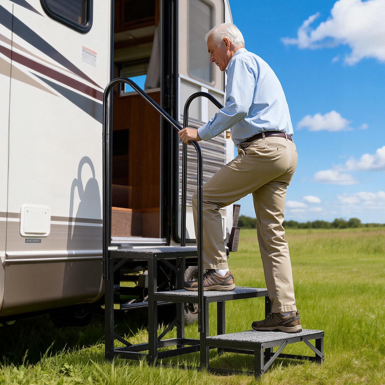 Heavy Duty 3-Step RV Stairs with Dual Handrails, Non-Slip Mat, 660 lbs Load, Ideal for Elderly, Pets, Hot Tub, Camper, Porch, Pool Use