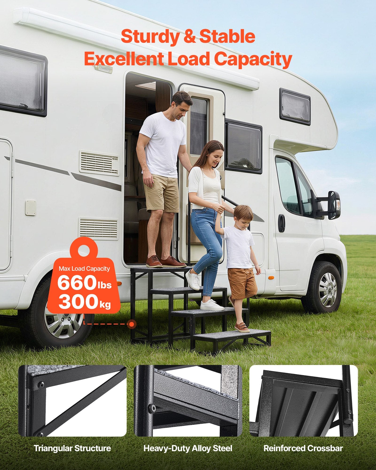 Heavy Duty 4-Step RV Stairs with Handrail, 660 lbs Capacity, Non-Slip Mat for Elderly & Pets, Ideal for Hot Tub, Camper, Mobile Home, Pool, Porch, SPA