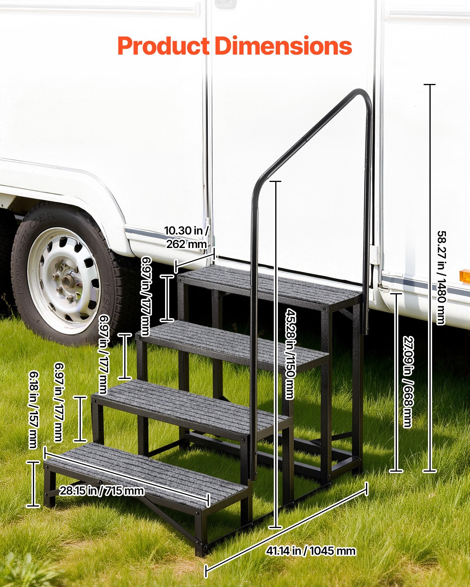 Heavy Duty 4-Step RV Stairs with Handrail, 660 lbs Capacity, Non-Slip Mat for Elderly & Pets, Ideal for Hot Tub, Camper, Mobile Home, Pool, Porch, SPA