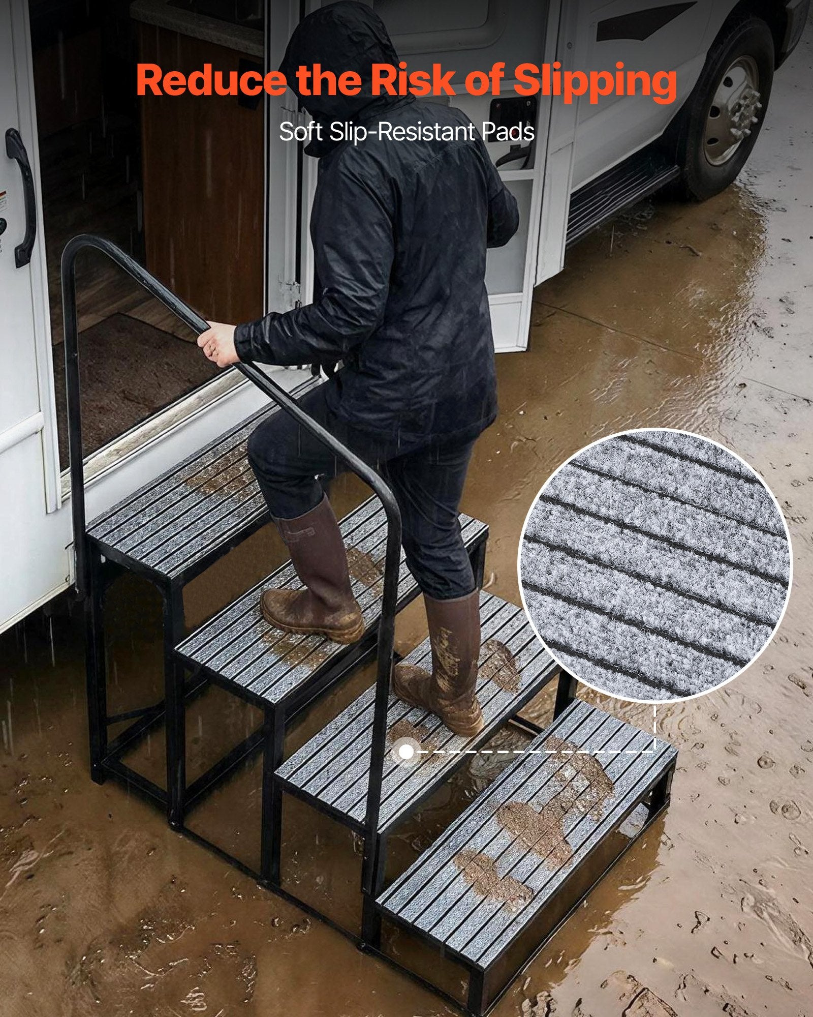 Heavy Duty 4-Step RV Stairs with Handrail, 660 lbs Capacity, Non-Slip Mat for Elderly & Pets, Ideal for Hot Tub, Camper, Mobile Home, Pool, Porch, SPA