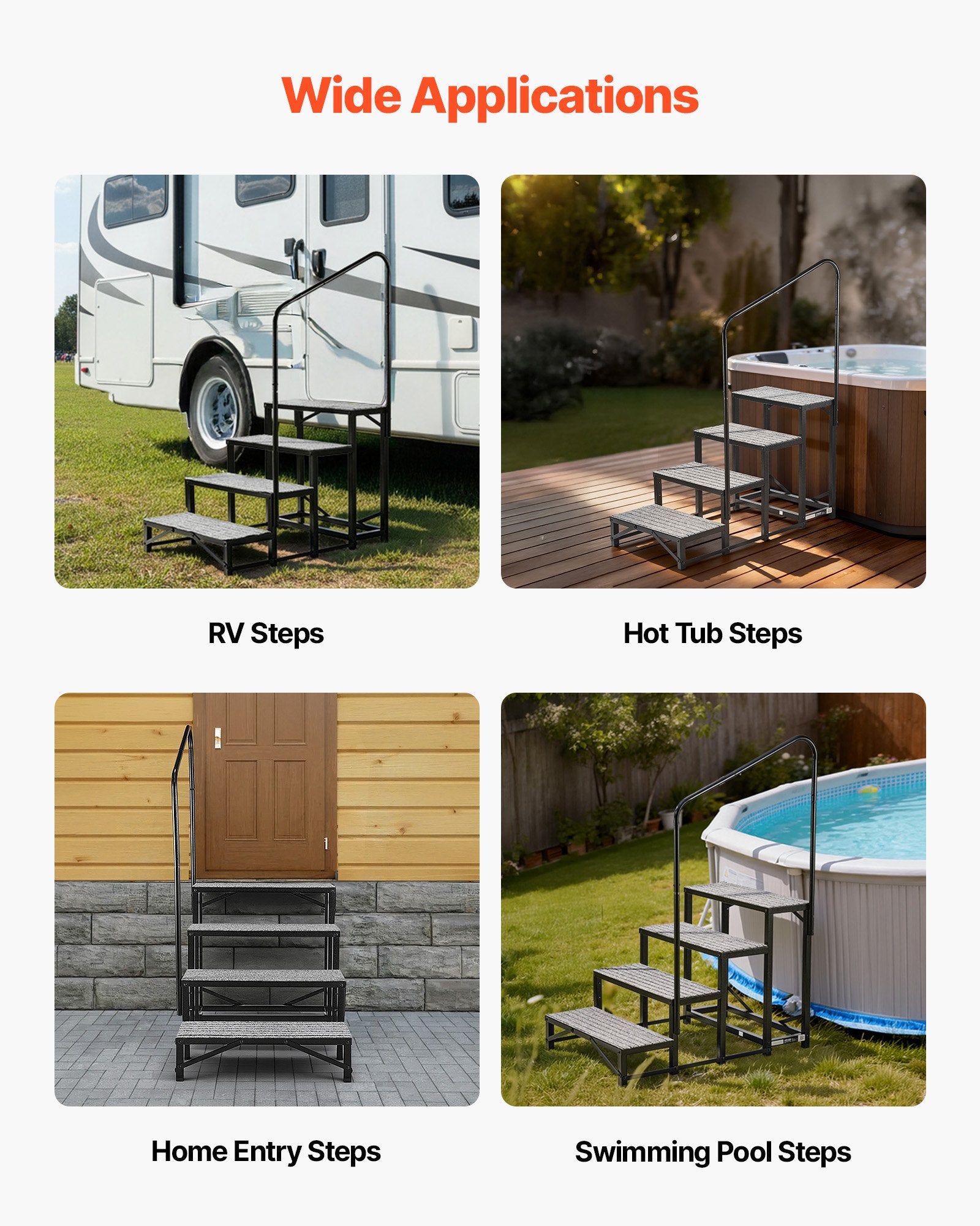 Heavy Duty 4-Step RV Stairs with Handrail, 660 lbs Capacity, Non-Slip Mat for Elderly & Pets, Ideal for Hot Tub, Camper, Mobile Home, Pool, Porch, SPA