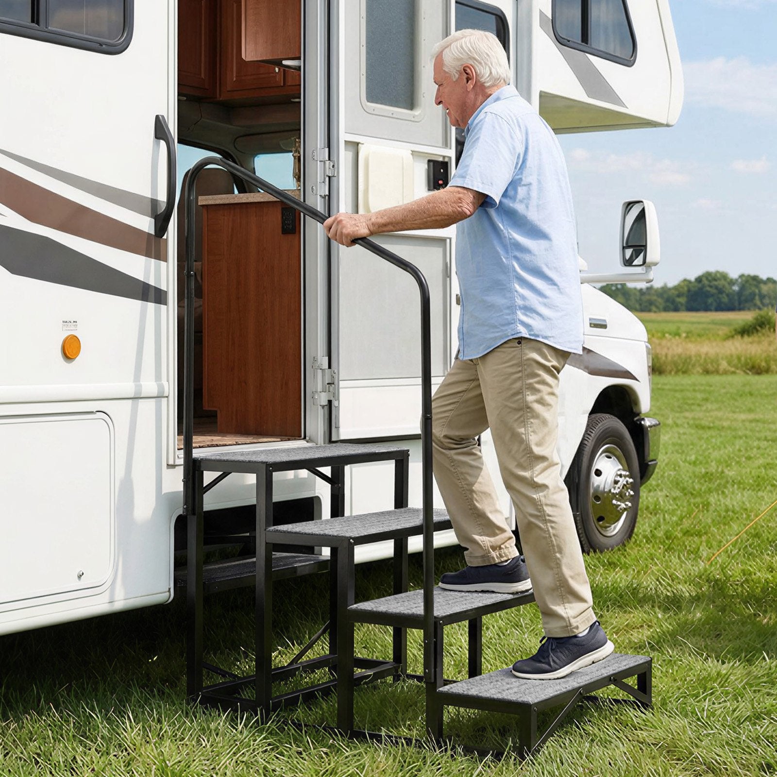 Heavy Duty 4-Step RV Stairs with Handrail, 660 lbs Capacity, Non-Slip Mat for Elderly & Pets, Ideal for Hot Tub, Camper, Mobile Home, Pool, Porch, SPA