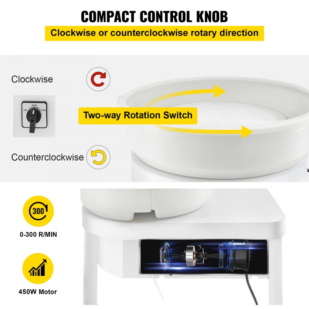 Electric 36cm Pottery Forming Machine with Foot Pedal for DIY Clay Art and Craft, 450W Pottery Wheel for Adults