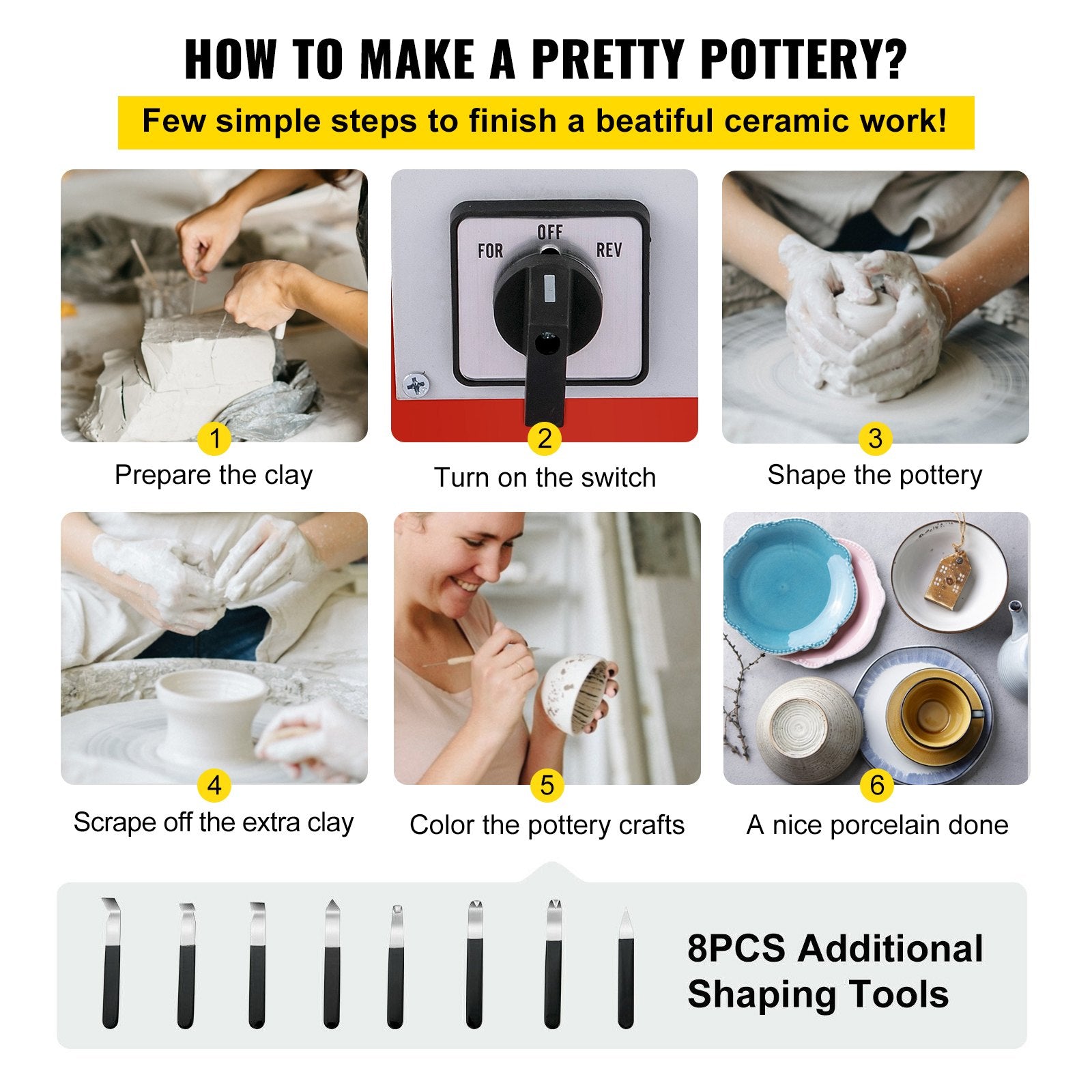 10" Pottery Wheel Machine - 280W Motor, Low Noise, Easy Clean, Ceramic Clay Tool Kit, Adjustable Speed, Bidirectional Rotation