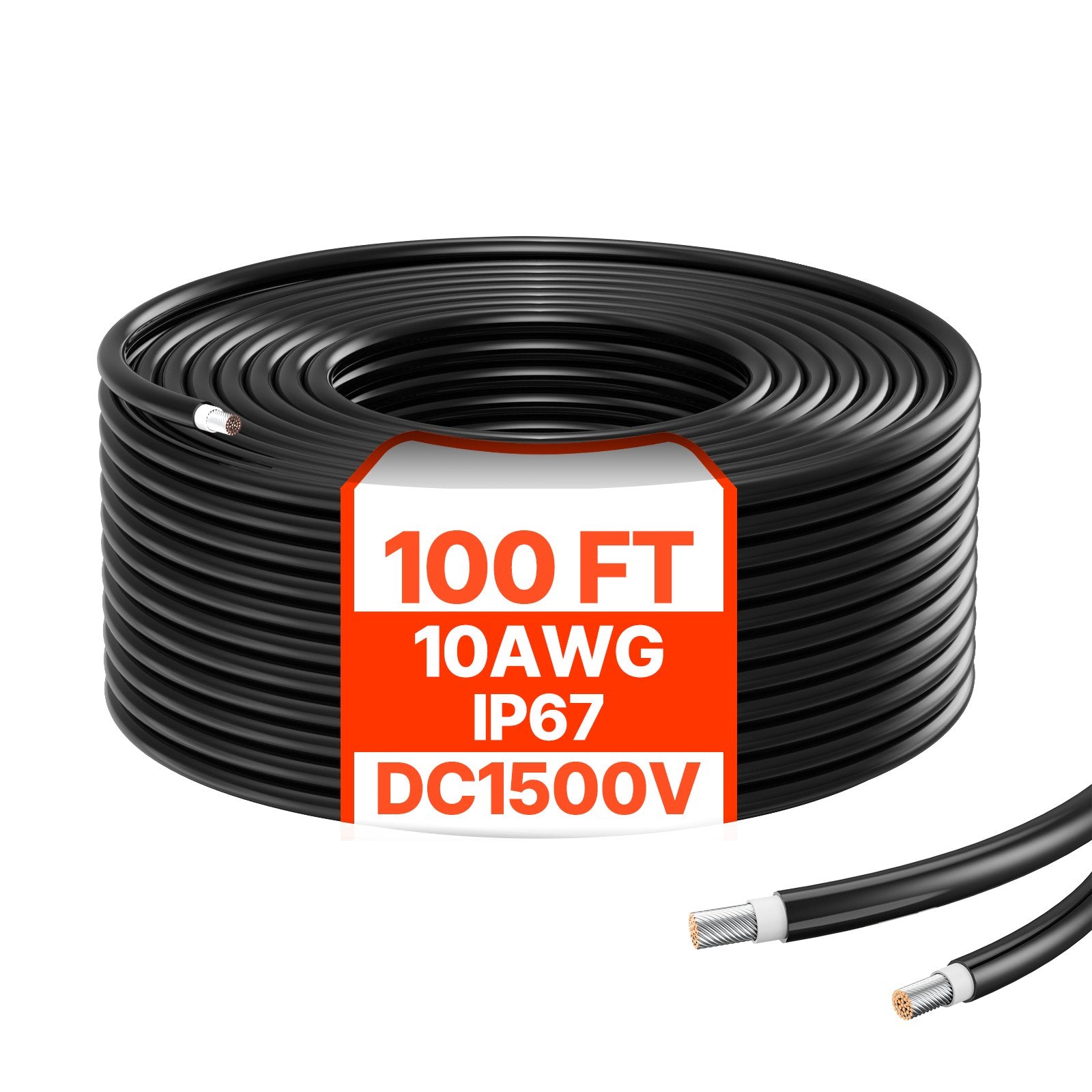 100FT 10AWG Solar Panel Extension Cable, IP67 Waterproof 6mm² PV Wire for Home, RV, and Marine Solar Installations, Black
