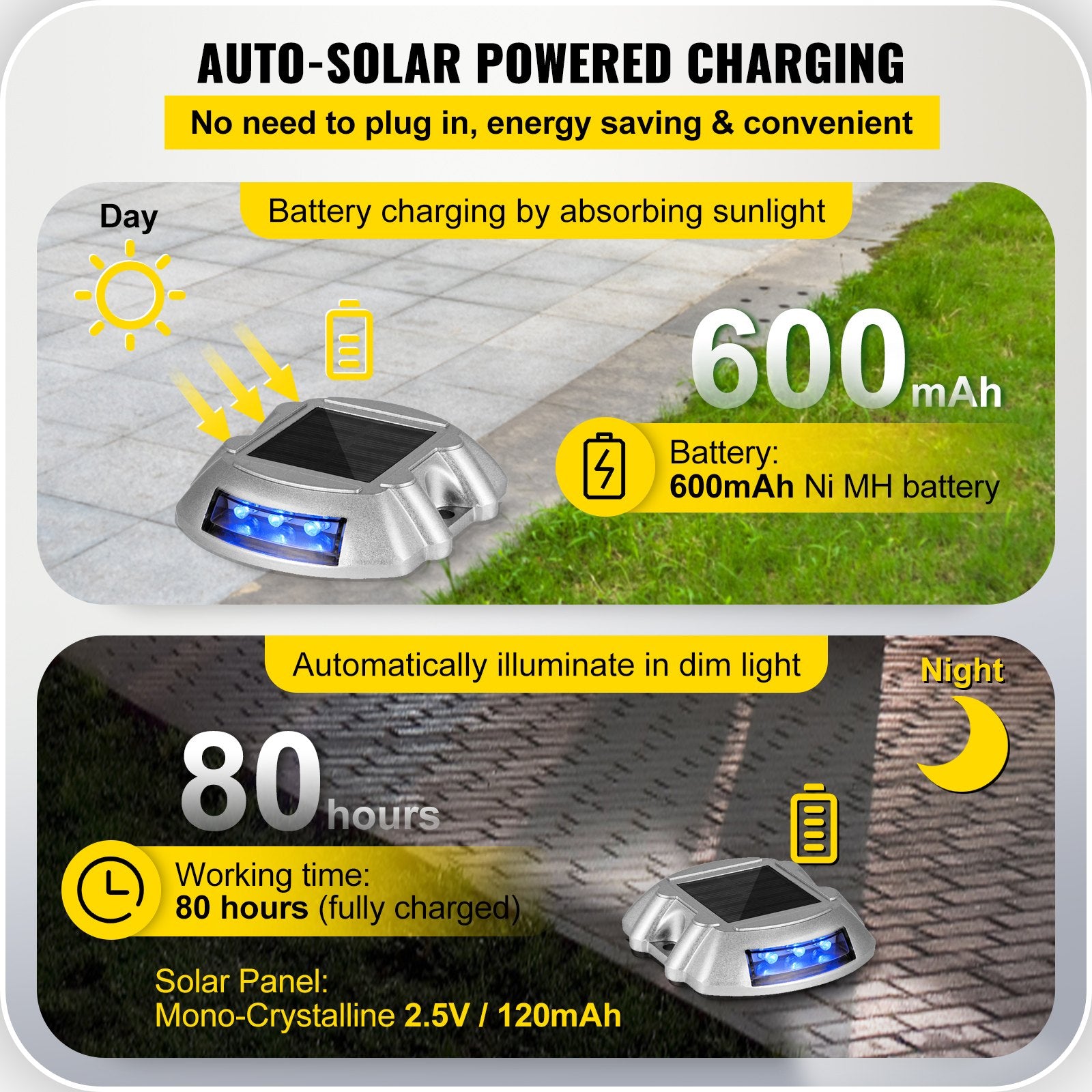 Solar Driveway Lights 16-Pack with Switch, Waterproof Blue LED Dock Lights for Path, Garden, Walkway, Steps – Durable Die-Cast Aluminum, IP68, Easy Install, Wide Use