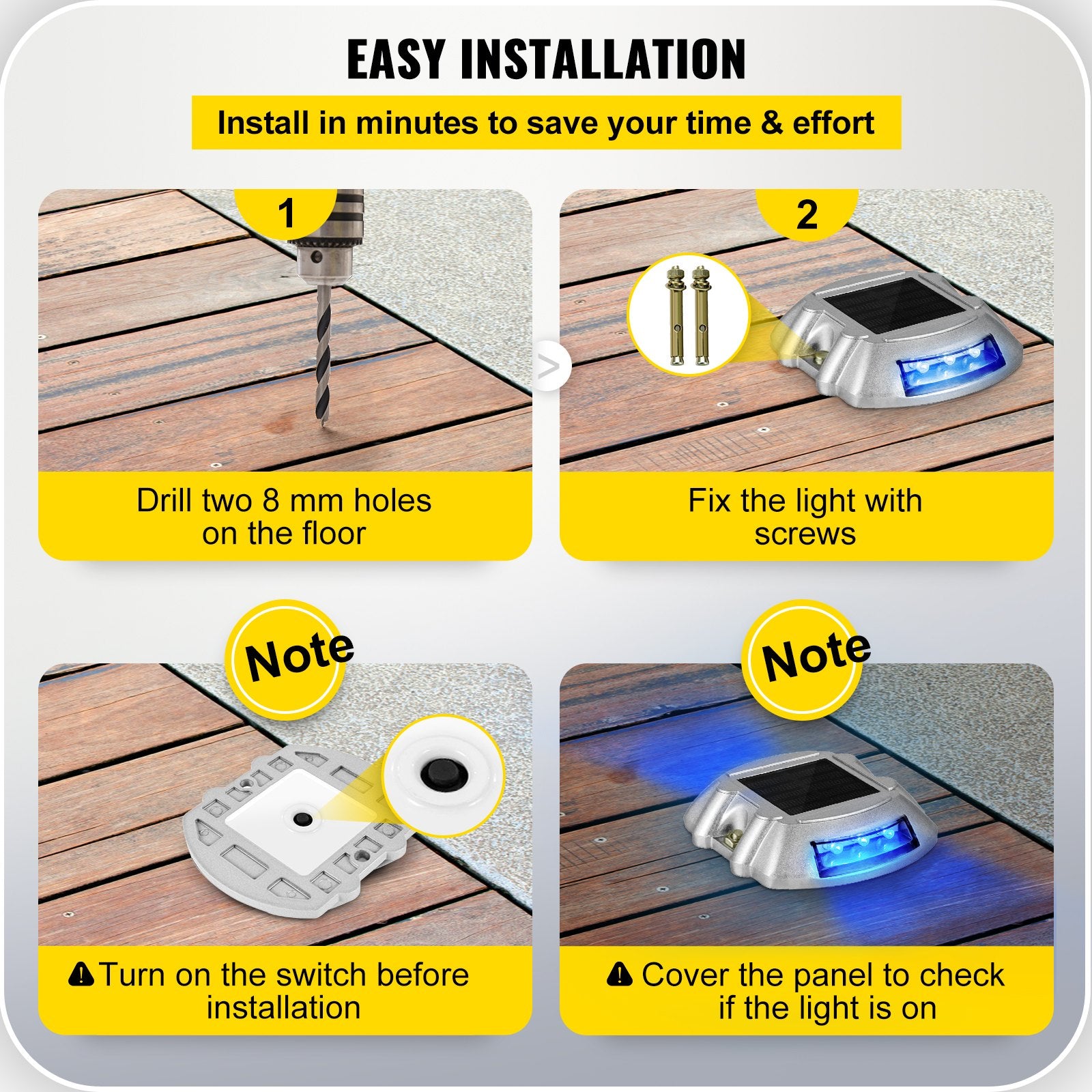 Solar Driveway Lights 16-Pack with Switch, Waterproof Blue LED Dock Lights for Path, Garden, Walkway, Steps – Durable Die-Cast Aluminum, IP68, Easy Install, Wide Use