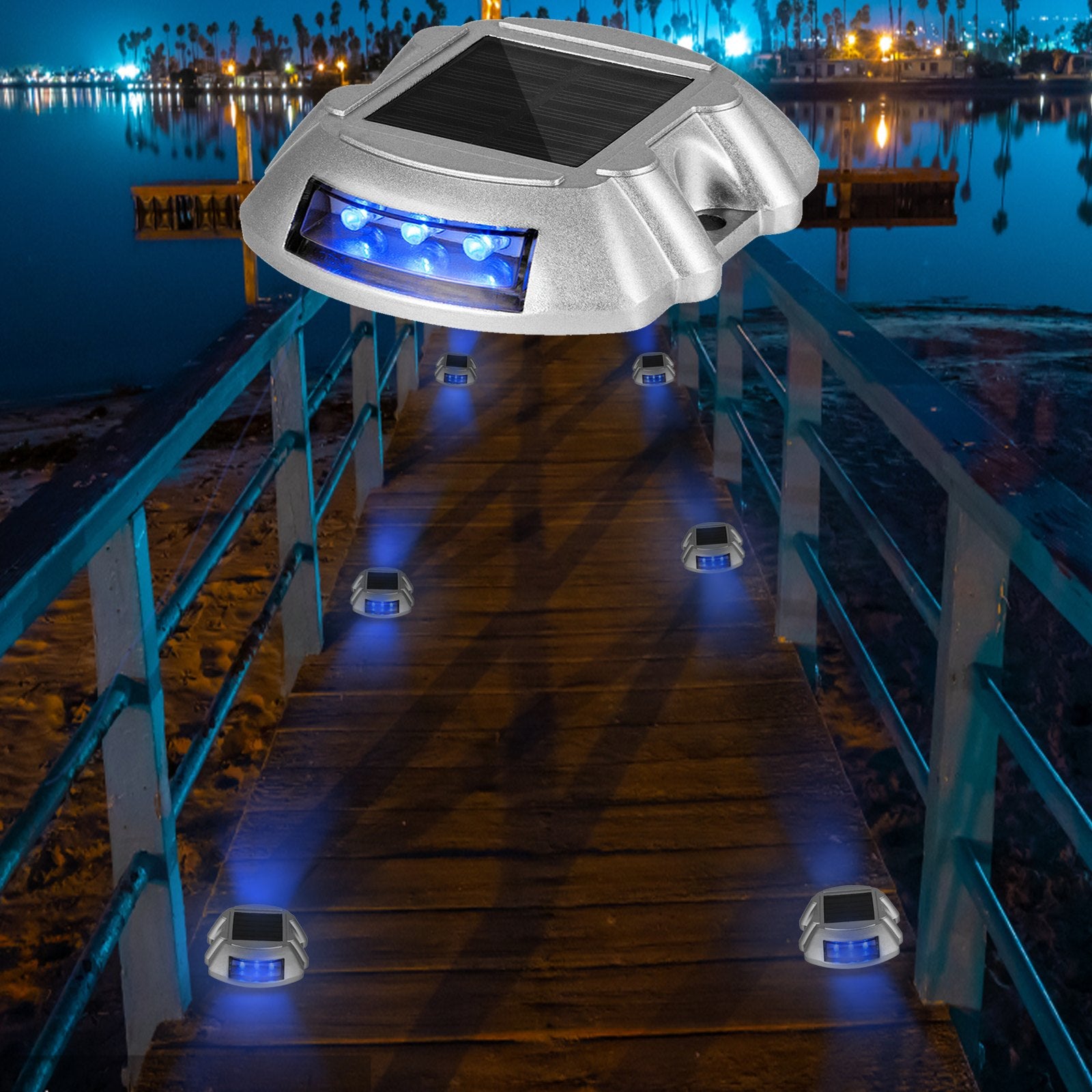 Solar Driveway Lights 16-Pack with Switch, Waterproof Blue LED Dock Lights for Path, Garden, Walkway, Steps – Durable Die-Cast Aluminum, IP68, Easy Install, Wide Use