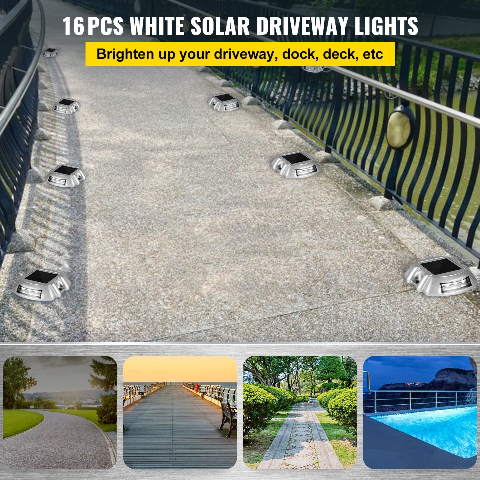 Solar Driveway & Deck Lights 16-Pack, Waterproof LED Pathway Lighting with Switch, Wireless Dock Lights for Garden, Walkway, Steps, and Sidewalk Safety
