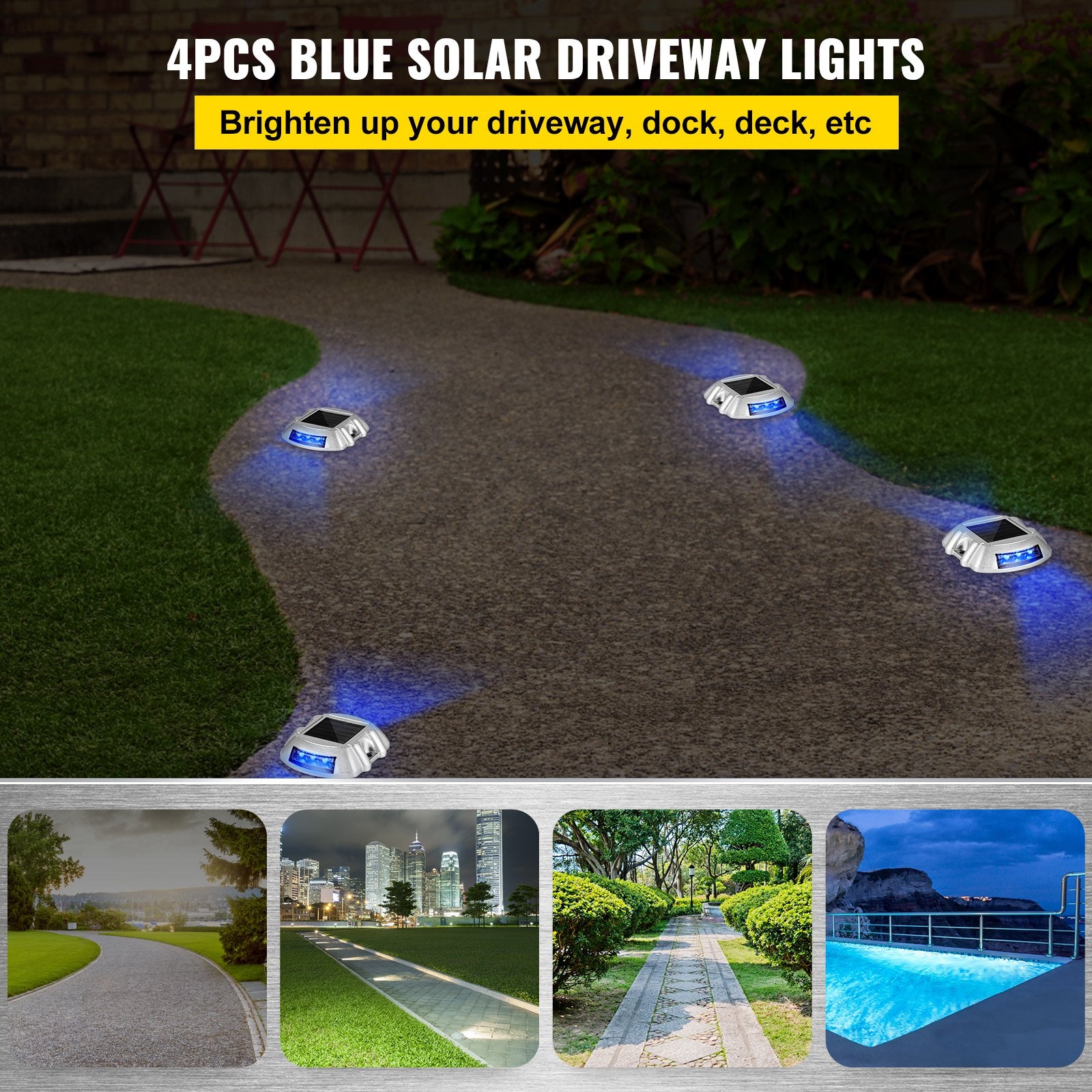 4-Pack Solar Deck & Driveway Lights with Switch, Waterproof LED Path & Dock Lighting, 6 Bright Blue LEDs for Garden, Walkway, Steps, IP68 Rated