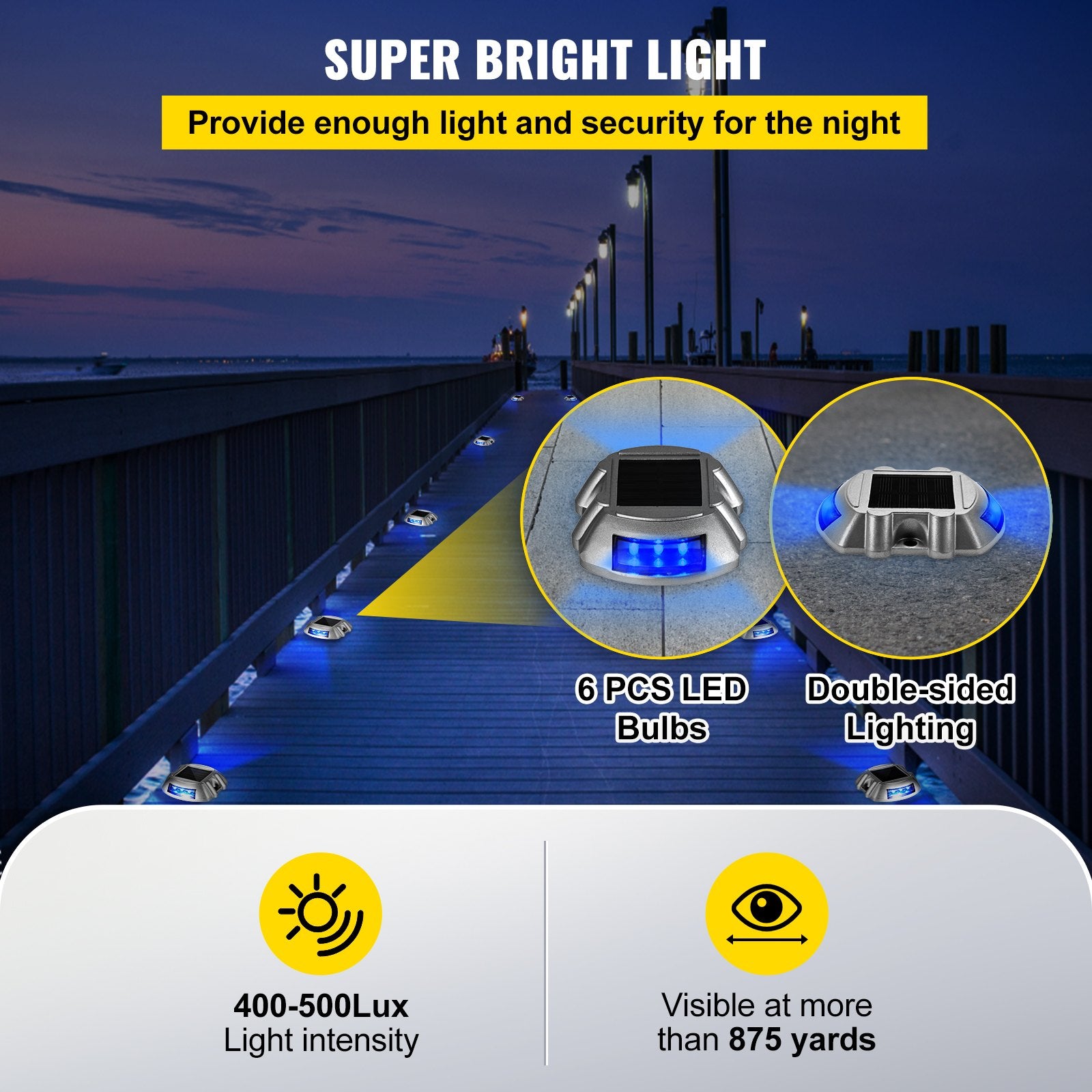4-Pack Solar Deck & Driveway Lights with Switch, Waterproof LED Path & Dock Lighting, 6 Bright Blue LEDs for Garden, Walkway, Steps, IP68 Rated