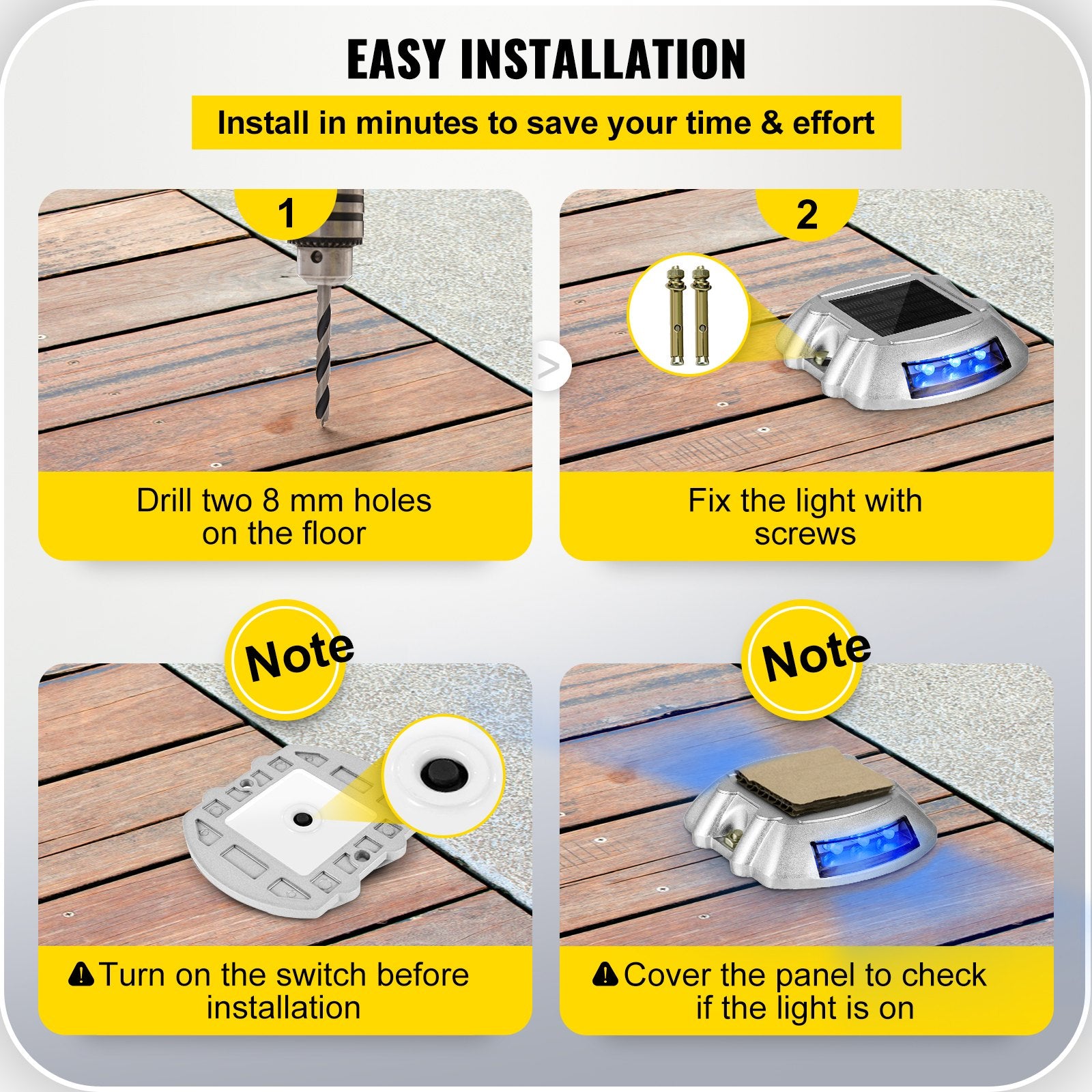 4-Pack Solar Deck & Driveway Lights with Switch, Waterproof LED Path & Dock Lighting, 6 Bright Blue LEDs for Garden, Walkway, Steps, IP68 Rated