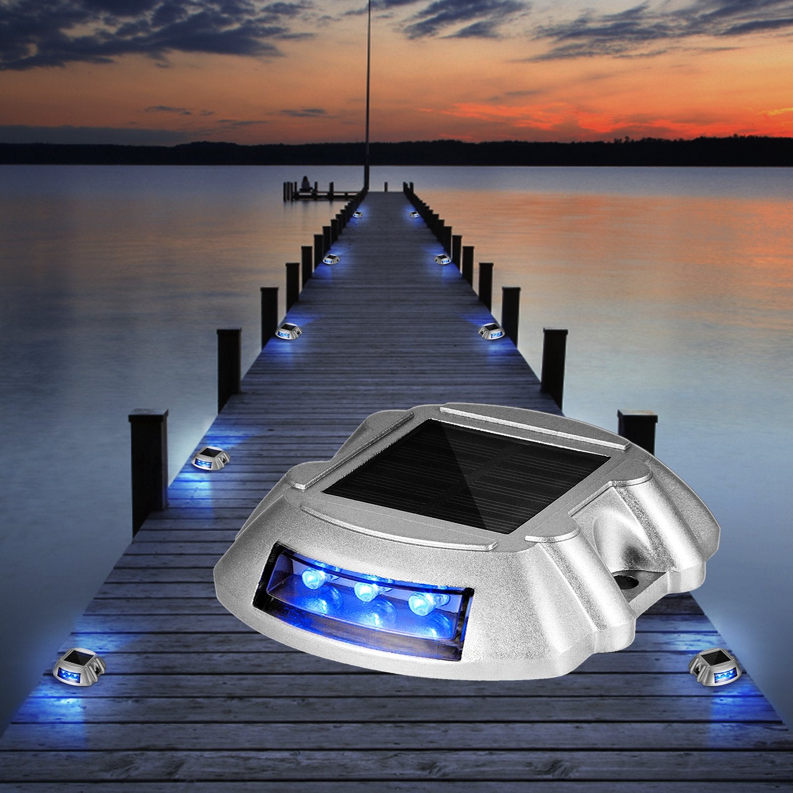 4-Pack Solar Deck & Driveway Lights with Switch, Waterproof LED Path & Dock Lighting, 6 Bright Blue LEDs for Garden, Walkway, Steps, IP68 Rated