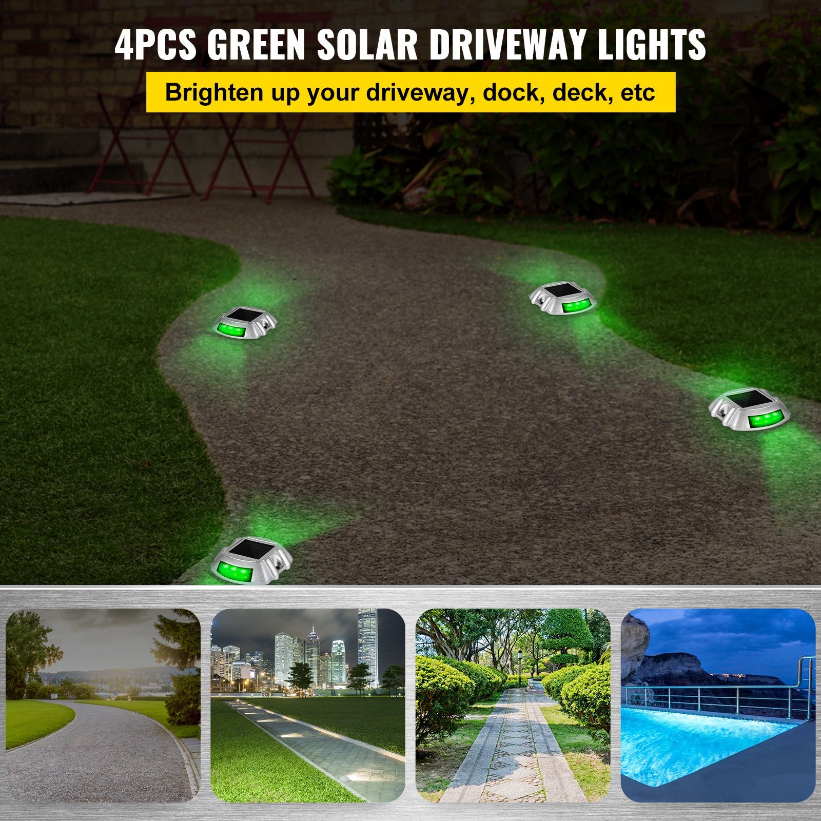 4-Pack Solar Driveway Lights with Switch Button – Waterproof LED Dock Lights for Path, Garden, Walkway, Sidewalk, and Steps, Bright Green, Easy Installation