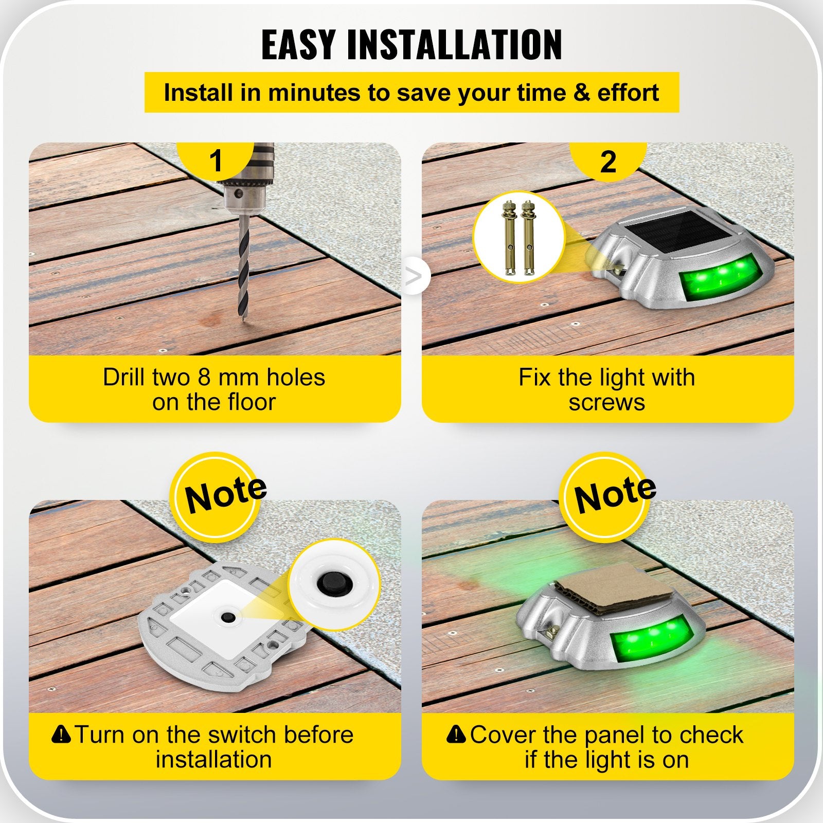 4-Pack Solar Driveway Lights with Switch Button – Waterproof LED Dock Lights for Path, Garden, Walkway, Sidewalk, and Steps, Bright Green, Easy Installation