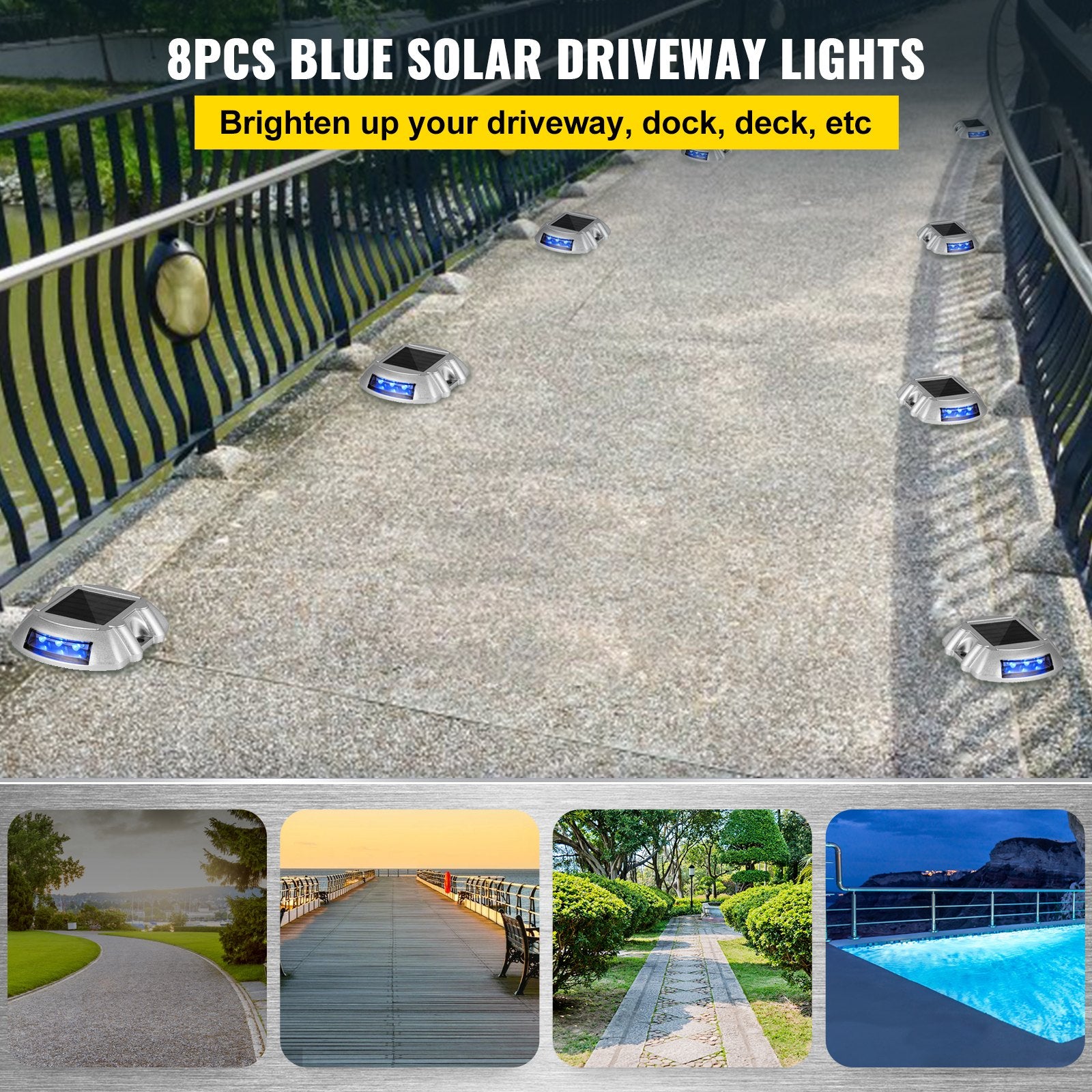 Solar Driveway Lights 8-Pack - Waterproof Wireless LED Dock Lights with Switch for Path, Garden, Walkway, Steps - Bright Blue, IP68 Rated, Durable Aluminum