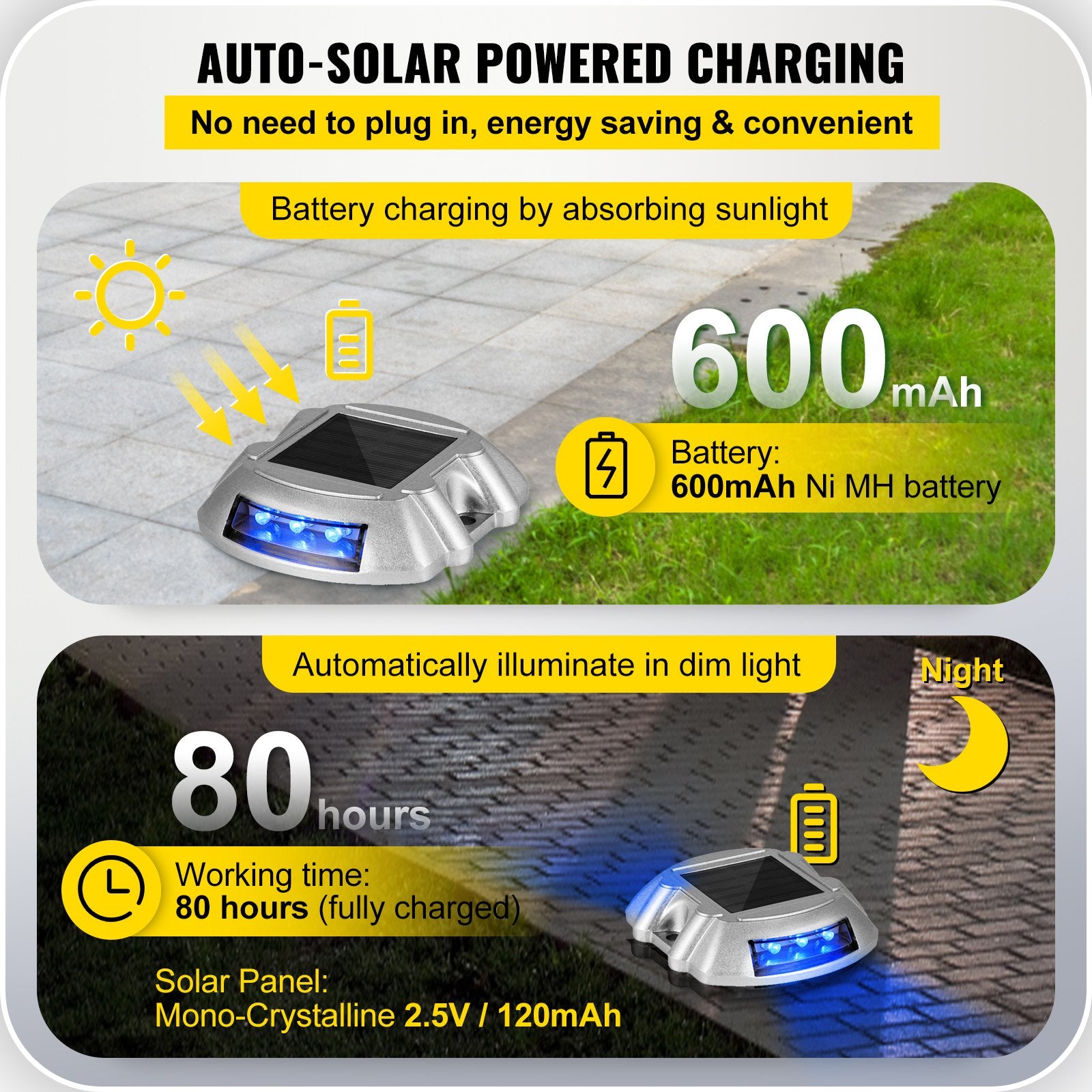 Solar Driveway Lights 8-Pack - Waterproof Wireless LED Dock Lights with Switch for Path, Garden, Walkway, Steps - Bright Blue, IP68 Rated, Durable Aluminum