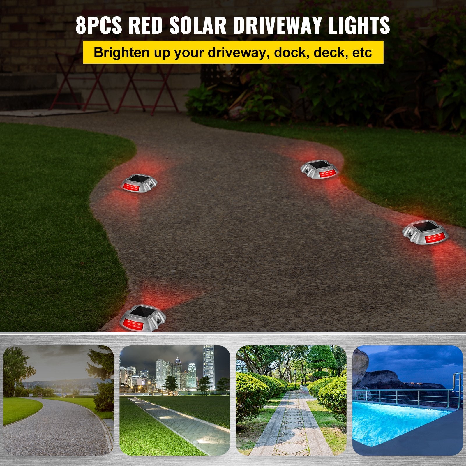 8-Pack Solar Powered Driveway Lights with Waterproof LED in Bright Red, Wireless Dock and Deck Lights for Path, Garden, Walkway, Steps, IP68 Rated, Easy Install, Durable Aluminum, 3-5 Year Lifespan