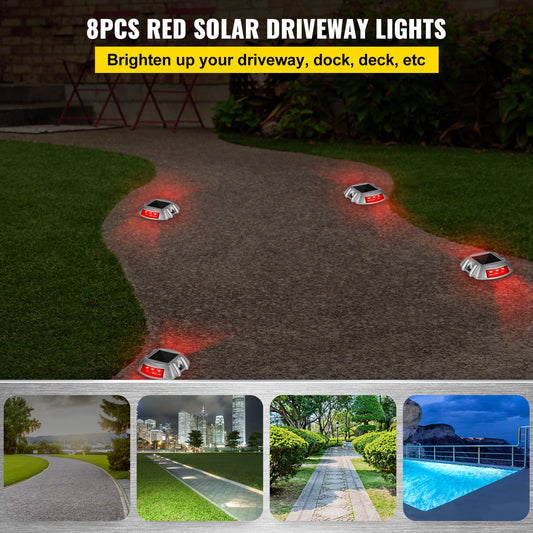 8-Pack Solar Powered Driveway Lights with Waterproof LED in Bright Red, Wireless Dock and Deck Lights for Path, Garden, Walkway, Steps, IP68 Rated, Easy Install, Durable Aluminum, 3-5 Year Lifespan