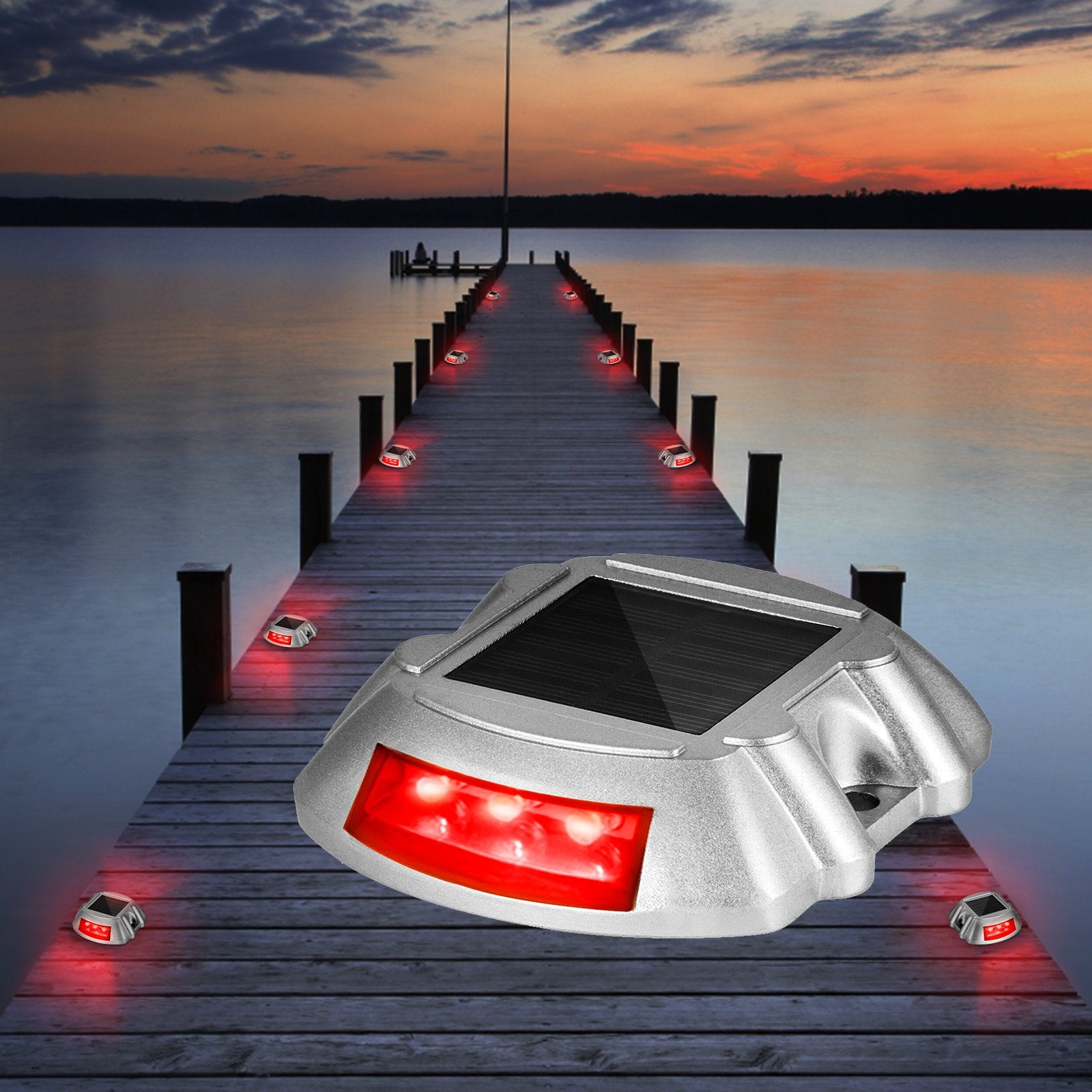 8-Pack Solar Powered Driveway Lights with Waterproof LED in Bright Red, Wireless Dock and Deck Lights for Path, Garden, Walkway, Steps, IP68 Rated, Easy Install, Durable Aluminum, 3-5 Year Lifespan