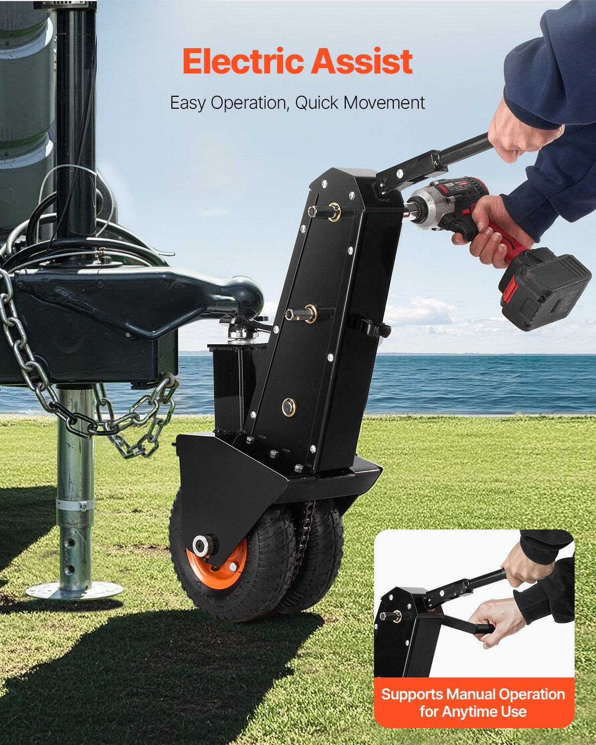 Heavy-Duty Trailer Dolly with 1000lbs Tongue Capacity, Dual Hitch Balls, Pneumatic Tires, Manual/Electric Drive for RVs and Trailers