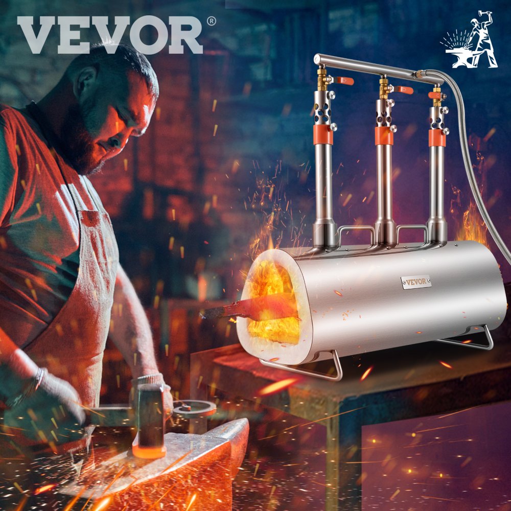 VEVOR Propane Forge Portable, Triple Burner Tool and Knife Making, Large Capacity Blacksmith Farrier Forges, Mini Furnace Blacksmithing, Stainless Steel Gas Forging Tools and Equipment, Oval