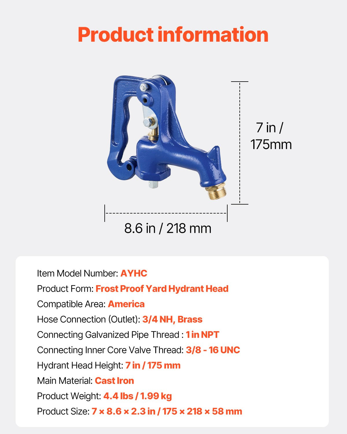 Frost Free Outdoor Faucet Head Assembly for Yard and Garden - Freeze Proof Hydrant, 1" NPT Pipe Thread, 3/4" Hose Connection