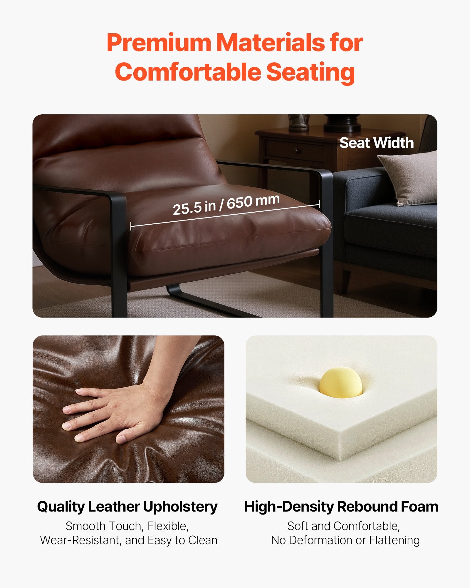 Modern Brown PU Leather Accent Chair with Soft Foam, Sturdy Metal Frame, Detachable Cushion for Living Room, Bedroom, Office Decor