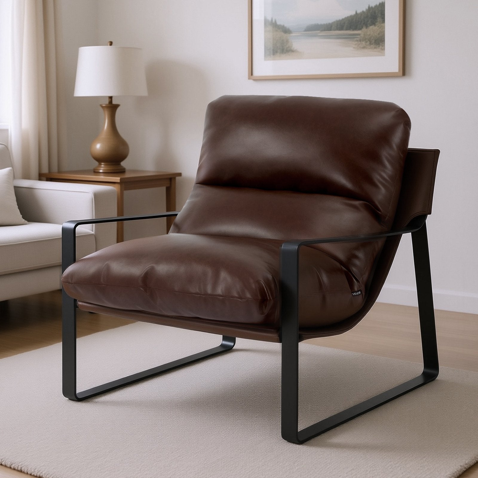 Modern Brown PU Leather Accent Chair with Soft Foam, Sturdy Metal Frame, Detachable Cushion for Living Room, Bedroom, Office Decor