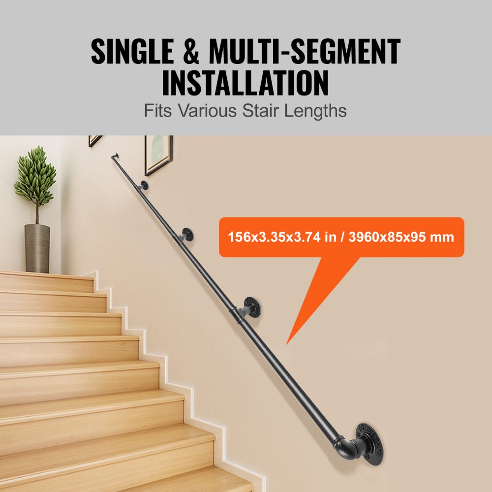13FT Carbon Steel Staircase Handrail with 440LBS Capacity and Wall Mount for Indoor/Outdoor Use