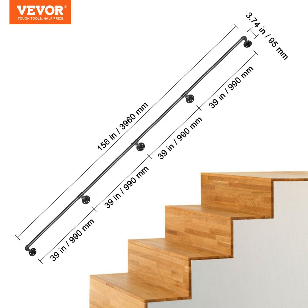13FT Carbon Steel Staircase Handrail with 440LBS Capacity and Wall Mount for Indoor/Outdoor Use