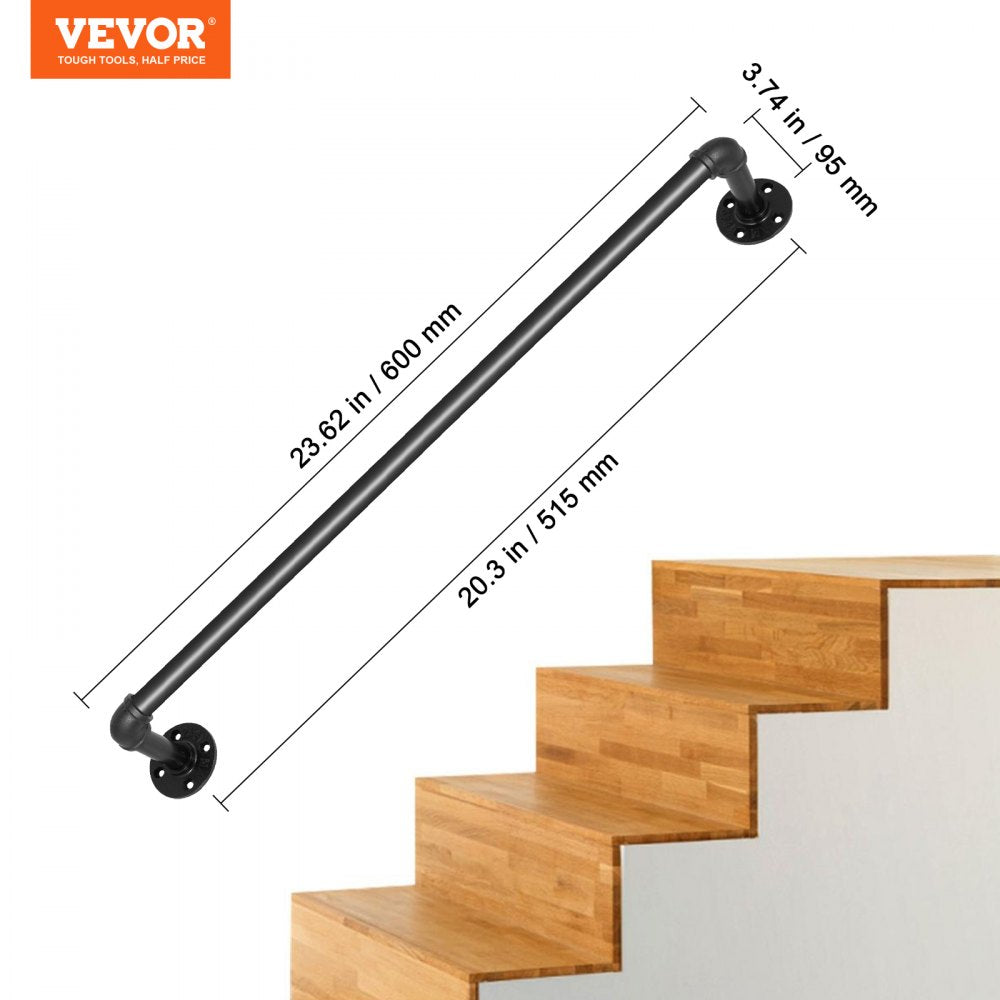 2FT Industrial Carbon Steel Staircase Handrail with Round Corners and Wall Mount Support for Indoor and Outdoor Use, 440LBS Capacity