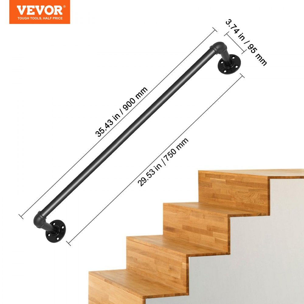 Industrial-Style Carbon Steel Stair Handrail with Wall Mount Support for Indoor and Outdoor Use, 3FT Length and 440LBS Load Capacity