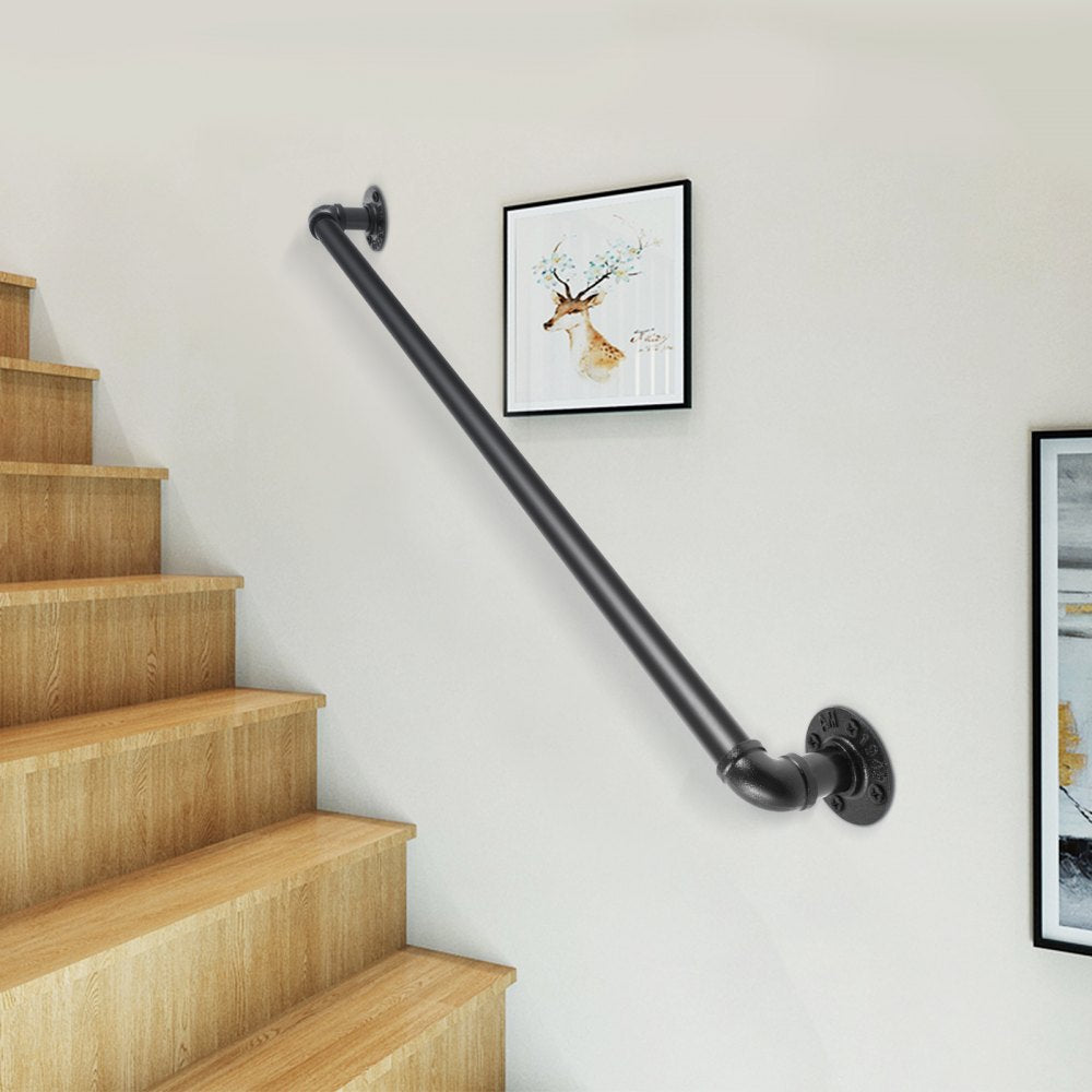 Industrial-Style Carbon Steel Stair Handrail with Wall Mount Support for Indoor and Outdoor Use, 3FT Length and 440LBS Load Capacity
