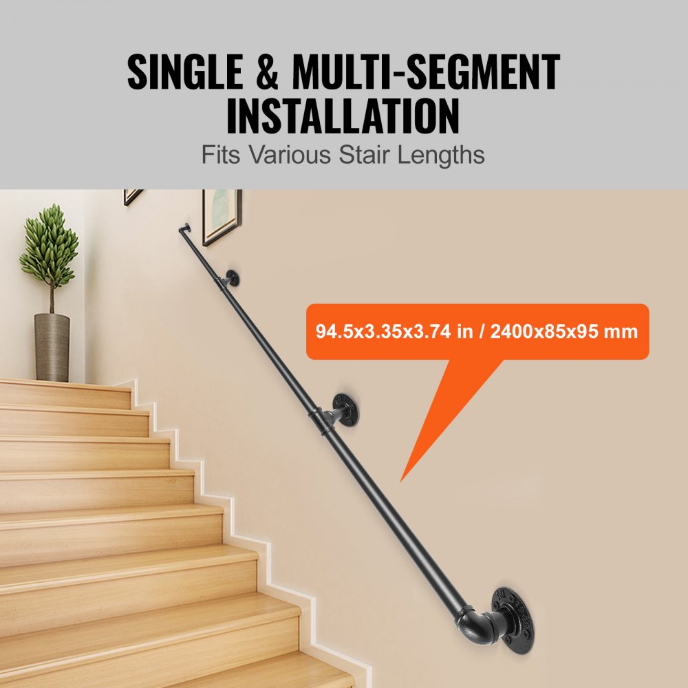 8FT Industrial Carbon Steel Staircase Handrail with Wall Mount Support for Indoor and Outdoor Use, 440LBS Load Capacity
