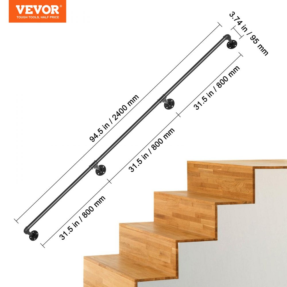 8FT Industrial Carbon Steel Staircase Handrail with Wall Mount Support for Indoor and Outdoor Use, 440LBS Load Capacity