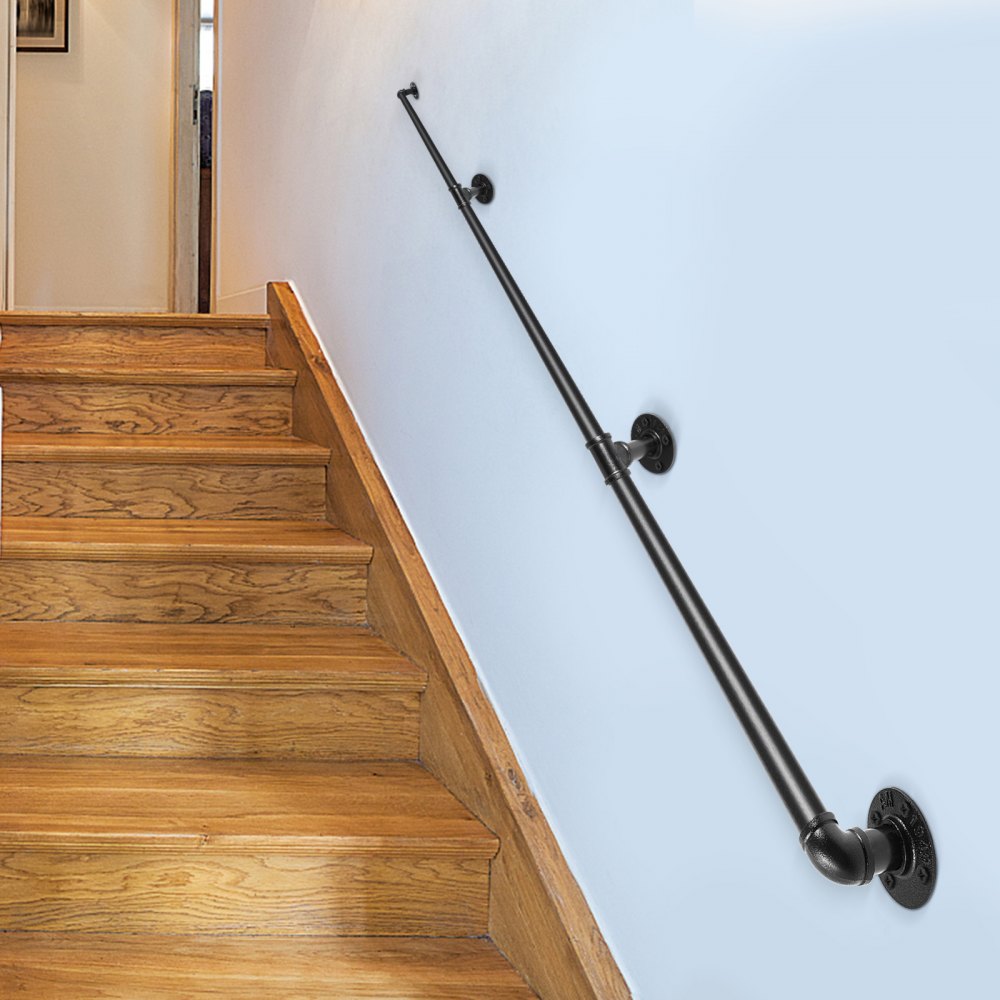8FT Industrial Carbon Steel Staircase Handrail with Wall Mount Support for Indoor and Outdoor Use, 440LBS Load Capacity
