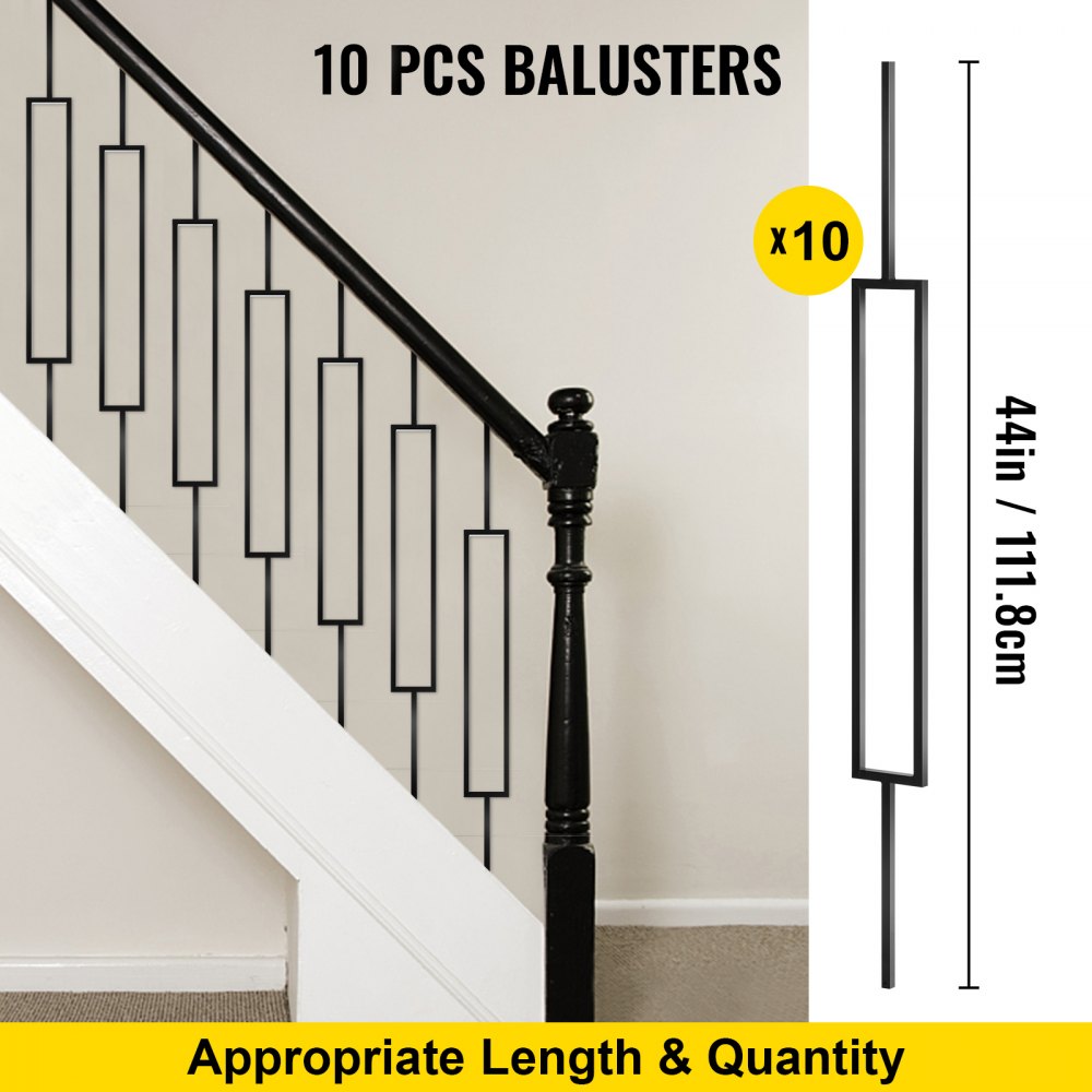 VEVOR Deck Balusters, 10 Pack Metal Deck Spindles, 44"x0.5" Staircase Baluster With Screws, Iron Deck Railing for Wood and Composite Deck, Stylish Black Baluster for Outdoor Stair Deck Porch