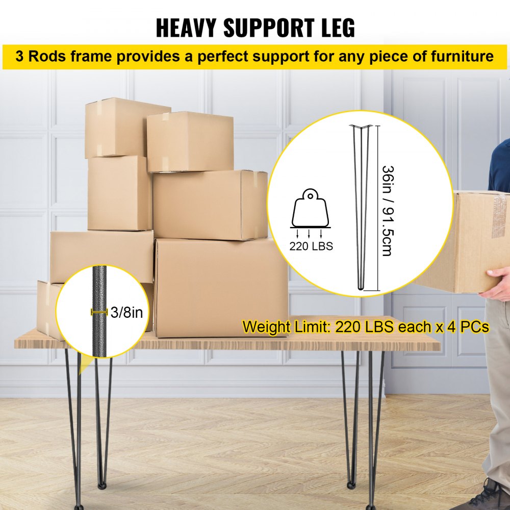 Set of 4 Heavy Duty 36-Inch Hairpin Table Legs for DIY Projects