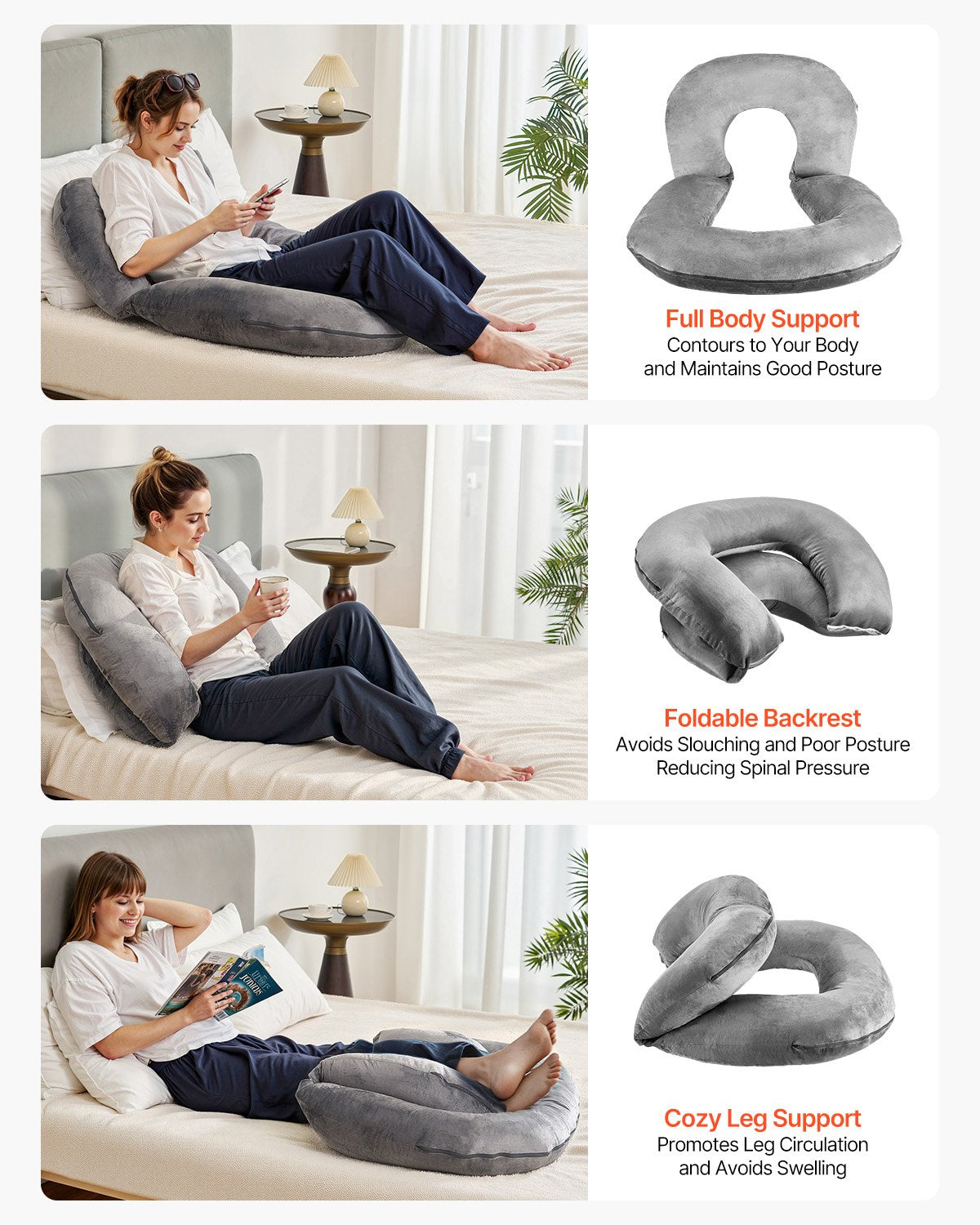 Luxurious Grey U-Shaped Reading Pillow - Soft Velvet Large Bed Rest Cushion for Comfort & Support, Ideal for Gaming, Working, Relaxing