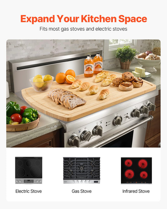 Spacious Bamboo Noodle Board Stove Top Cover & Cutting Board with Juice Grooves - Ideal for Gas/Electric Stoves, RVs, Sinks & More