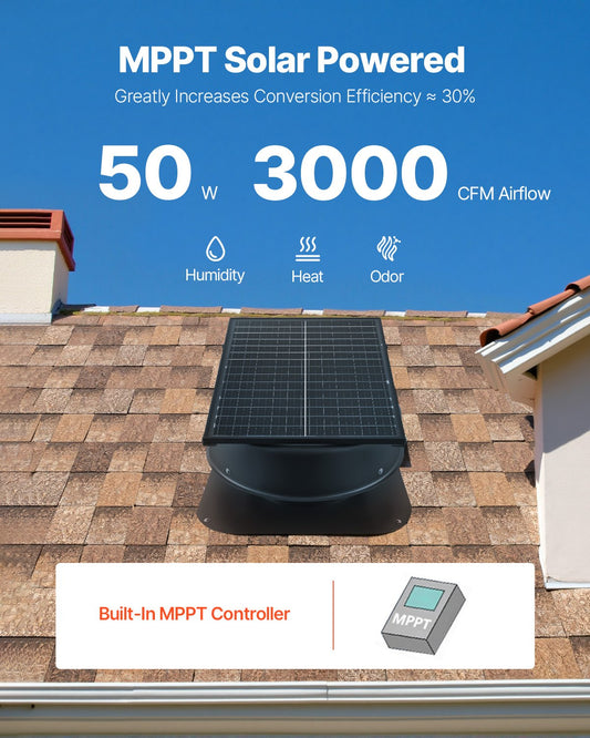 Smart Solar Attic Fan, 50W Roof Ventilation with Thermostat & Remote, 3000 CFM Airflow, Smoke Sensor, Auto Stop for Cooling & Dehumidification