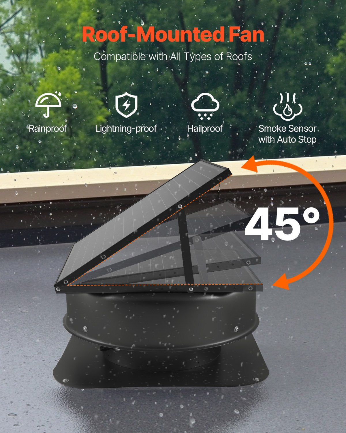 Smart Solar Attic Fan, 50W Roof Ventilation with Thermostat & Remote, 3000 CFM Airflow, Smoke Sensor, Auto Stop for Cooling & Dehumidification