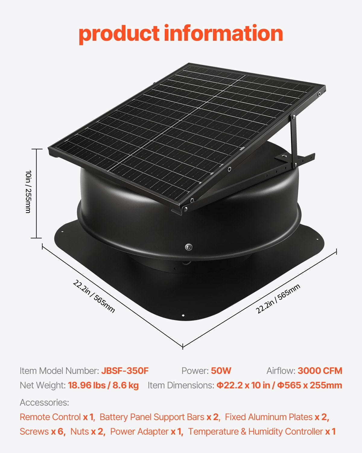 Smart Solar Attic Fan, 50W Roof Ventilation with Thermostat & Remote, 3000 CFM Airflow, Smoke Sensor, Auto Stop for Cooling & Dehumidification