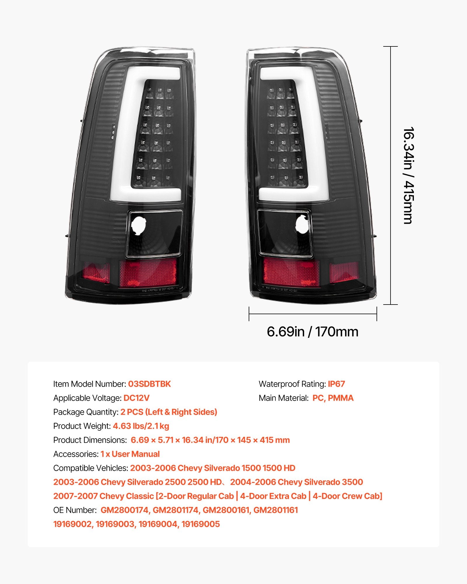 LED Tail Light Assembly for 2003-2007 Chevy Silverado & Classic - Black, Waterproof, Easy Replacement, High Clarity, OEM Fit