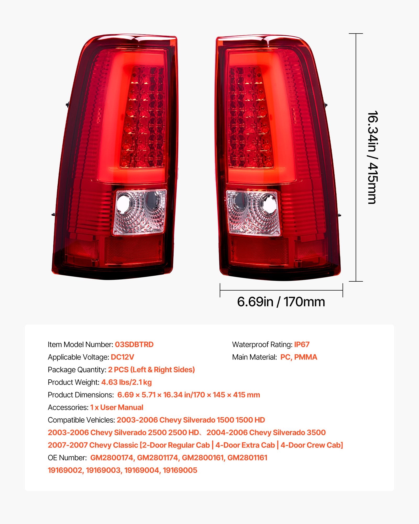 Upgrade Your 2003-2007 Chevy Silverado or Classic with Red LED Tail Light Assembly - IP67 Waterproof, High Clarity, Driver & Passenger Side, Easy Installation, OEM Replacement, Premium Housing, Brake Lamps with Bulbs Included