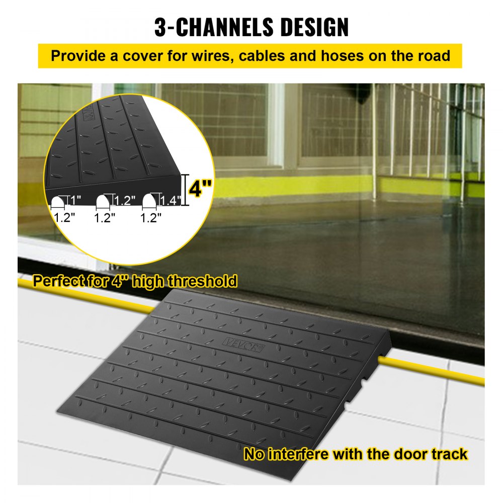 VEVOR Rubber Threshold Ramp, 4" Rise Threshold Ramp Doorway, 3 Channels Cord Cover Rubber Solid Threshold Ramp, Rubber Angled Entry Rated 2200 Lbs Load Capacity for Wheelchair and Scooter