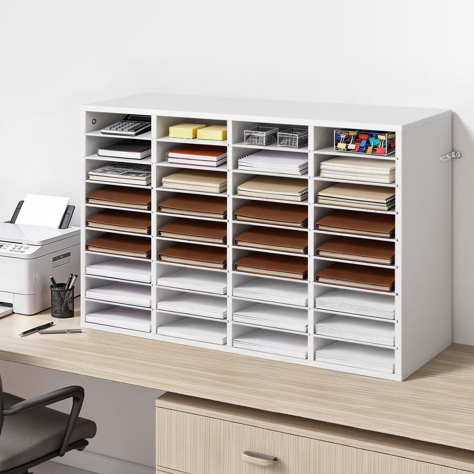 Versatile 36-Compartment Wooden Literature Organizer with Detachable Shelves for Office, Home, Mail, File, and Document Sorting